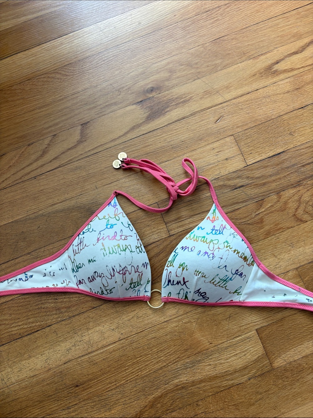 PINK Victoria's Secret White Script-Print Triangle Bikini Top with Pink Trim